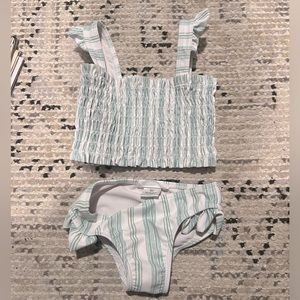 Minnow x Sister Parish white and green striped two-piece swimsuit, Size 2T